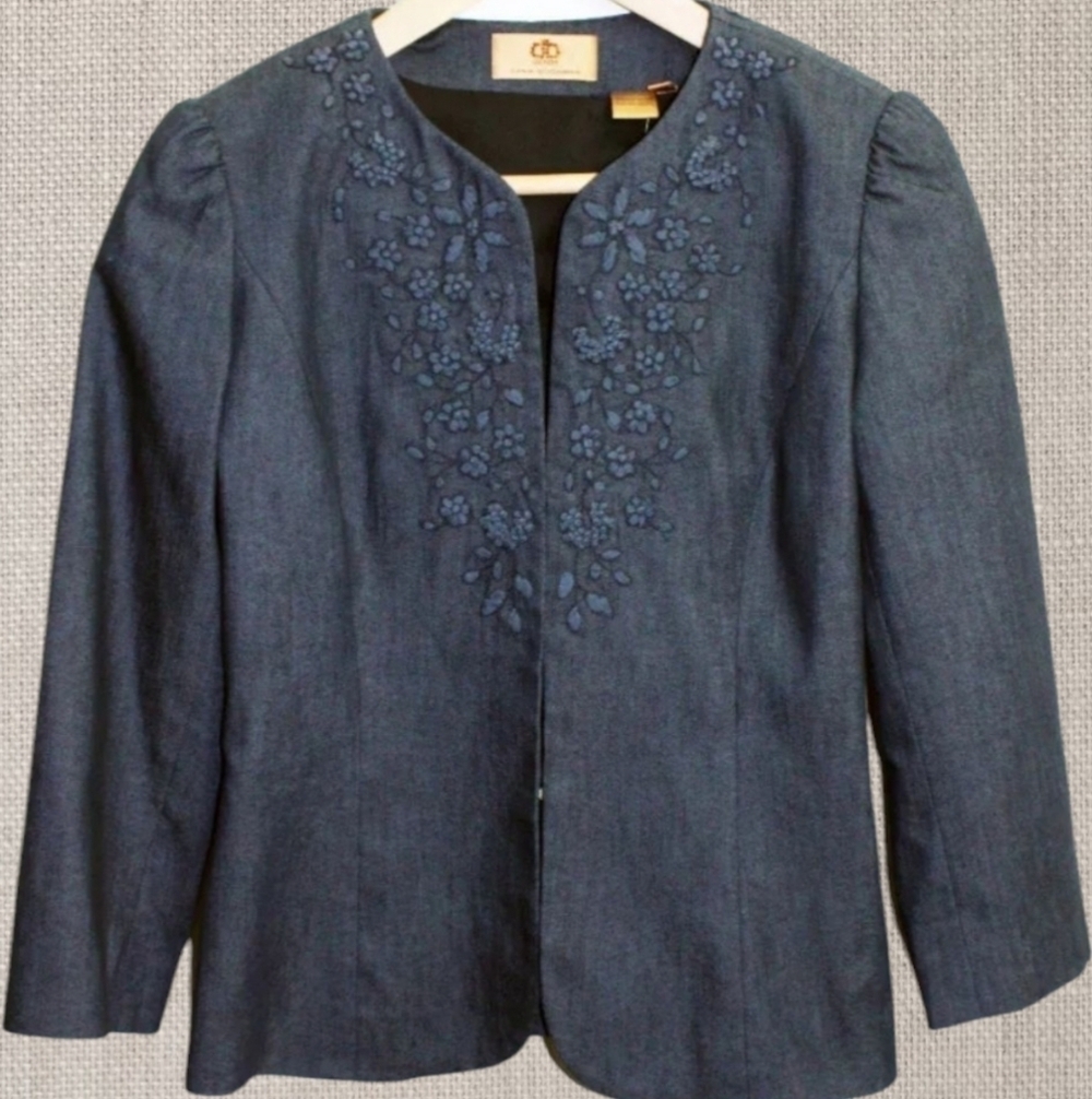 Dana Buchman Denim Floral Embroidered Blazer Jacket Womens Size 8